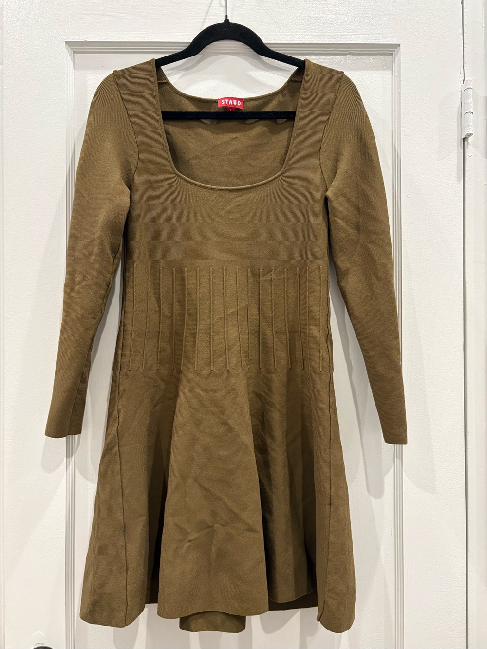 STAUD Olive Green Ribbed Sweater Dress Long Sleeve Scoop Neck Fit and Flare L